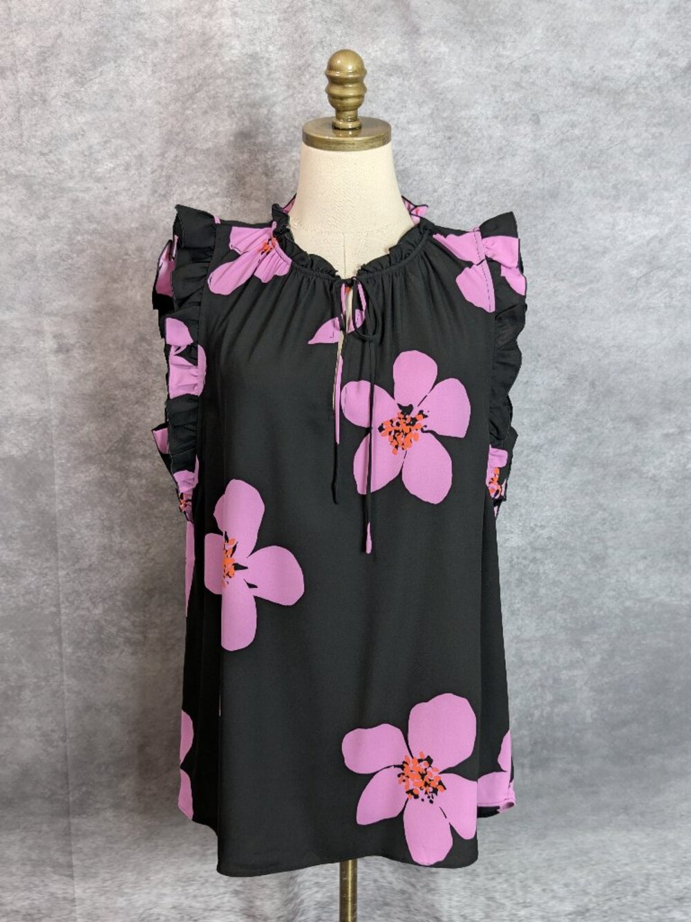 Kate Spade Grand Flora Ruffle Sleeveless Tie Neck Top Blouse XL Pink Black